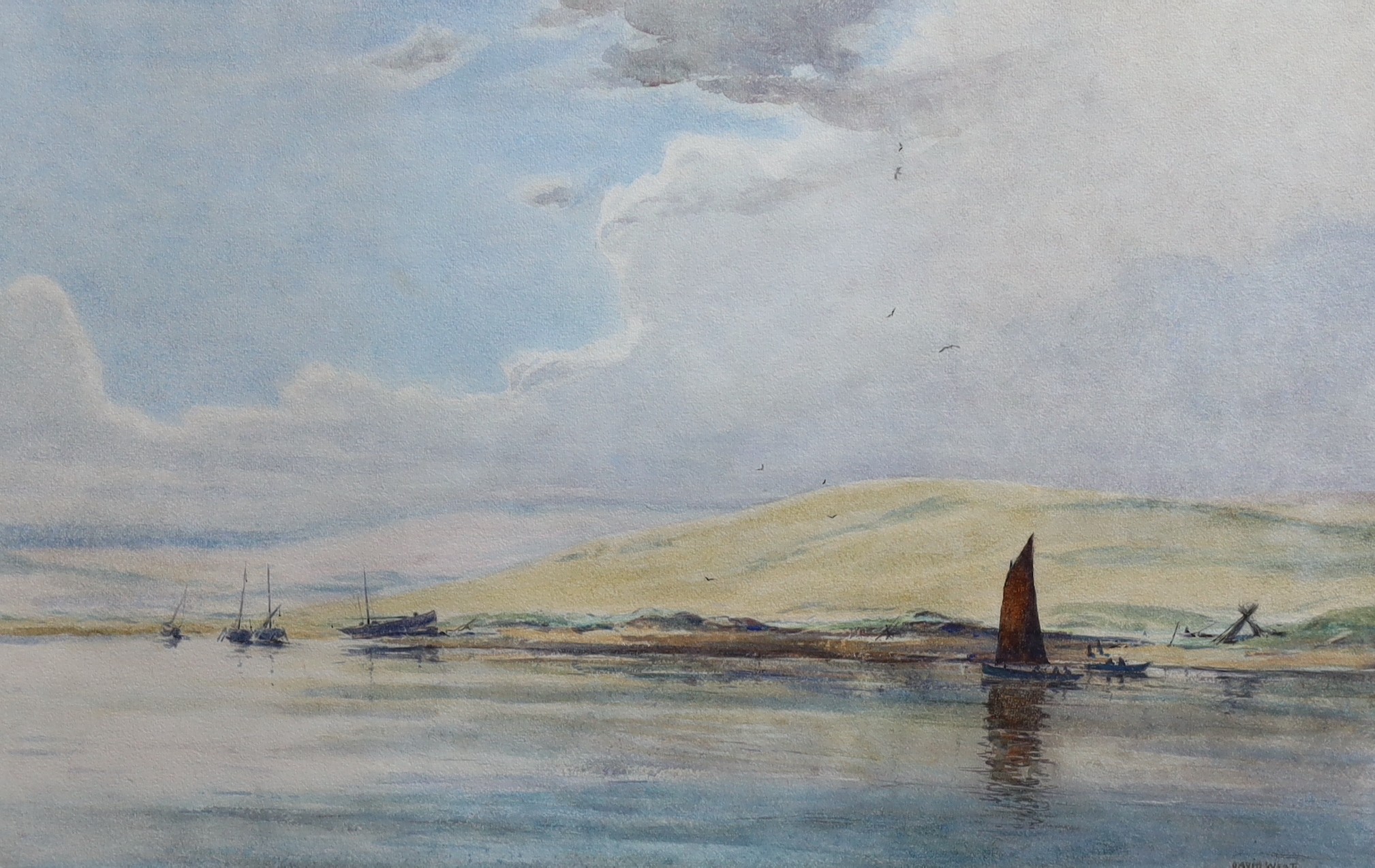 David West RSW (1868-1936), Estuary and fishing boats at low tide, watercolour, 49 x 75cm